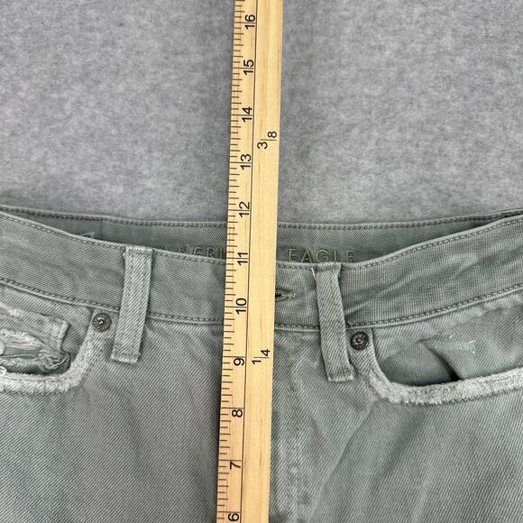 American Eagle Mom Jeans WMNS 2 Green Distressed Denim High Rise Zip Fly Ripped - Picture 10 of 12